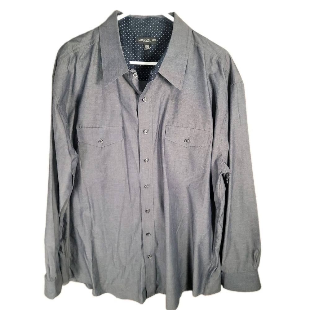 London Fog Shirt Mens 3XL 3XLB Gray Chambray Long Sleeve Button Down Flap Pocket